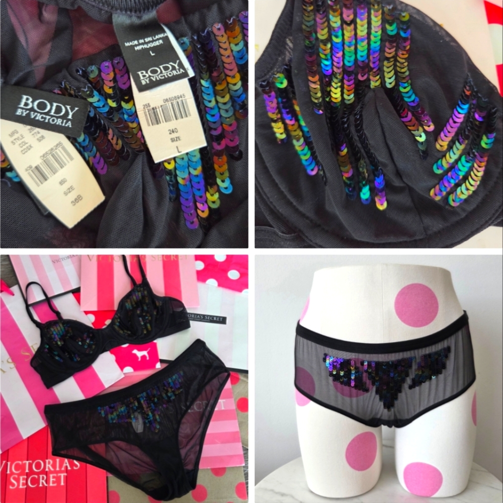 Victoria's Secret Vintage Body By Victoria Black Sequins Bra and Panty Set NWT